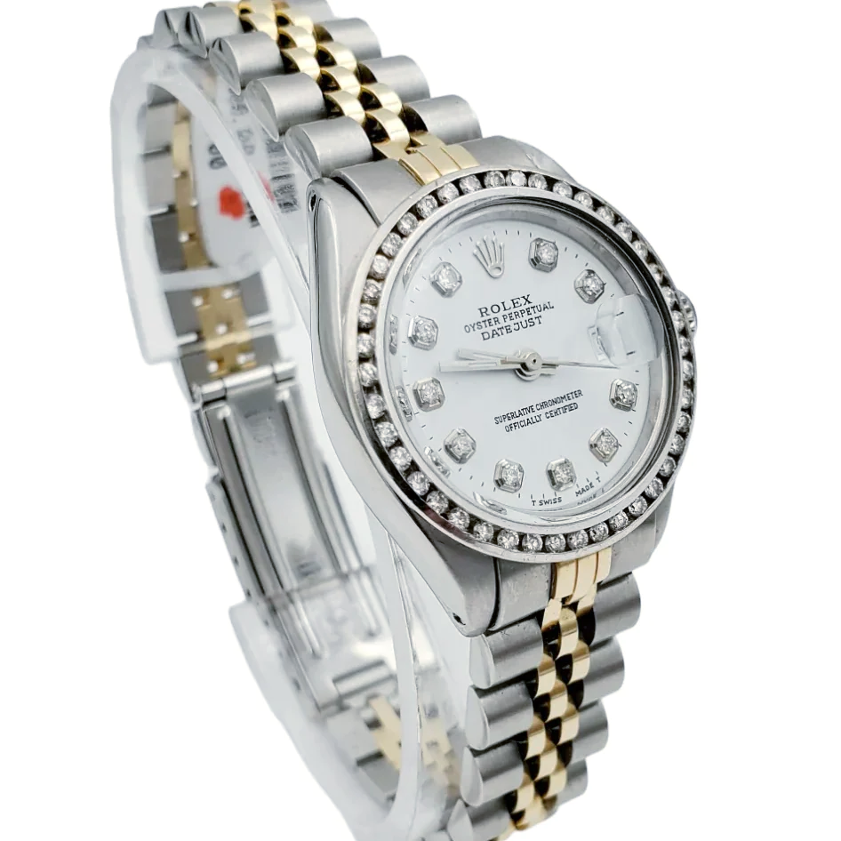 Ladies Rolex 26mm DateJust Two Tone 18K Yellow Gold / Stainless Steel Watch with White Diamond Dial and Diamond Bezel. (Pre-Owned 6924)