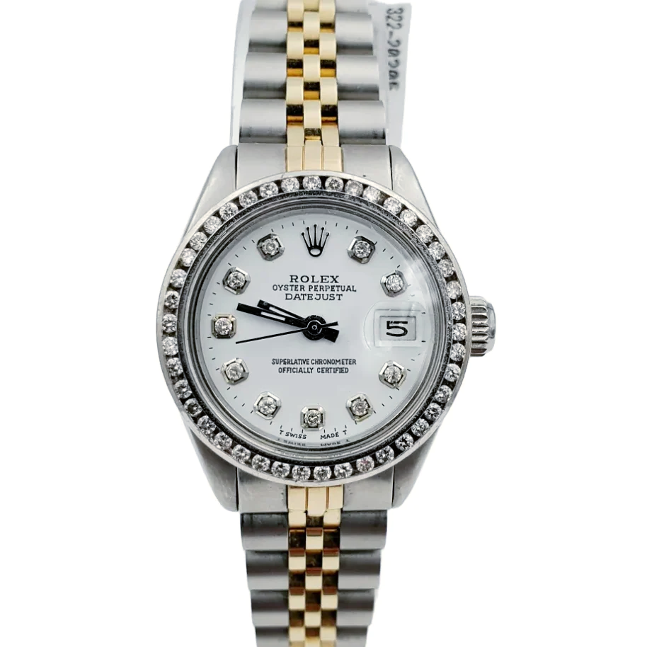 Ladies Rolex 26mm DateJust Two Tone 18K Yellow Gold / Stainless Steel Watch with White Diamond Dial and Diamond Bezel. (Pre-Owned 6924)