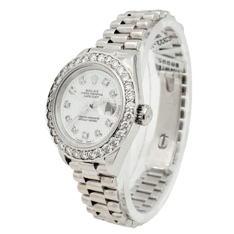 Ladies Rolex Presidential 26mm Stainless Steel Watch with Mother of Pearl Diamond Dial and Diamond Bezel. (Pre-Owned)