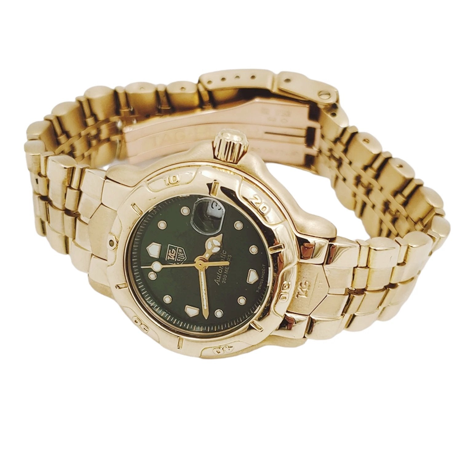 Ladies TAG Heuer 28mm Solid 18K Yellow Gold Watch with Green Dial and Smooth Bezel. (Pre-Owned WH514)