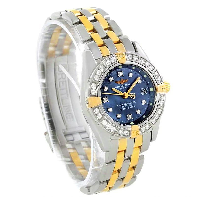 Ladies Breitling 29mm Callisto 18K Yellow Gold / Stainless Steel Watch with Blue Mother of Pearl Diamond Dial and Diamond Bezel. (Pre-Owned B72345)