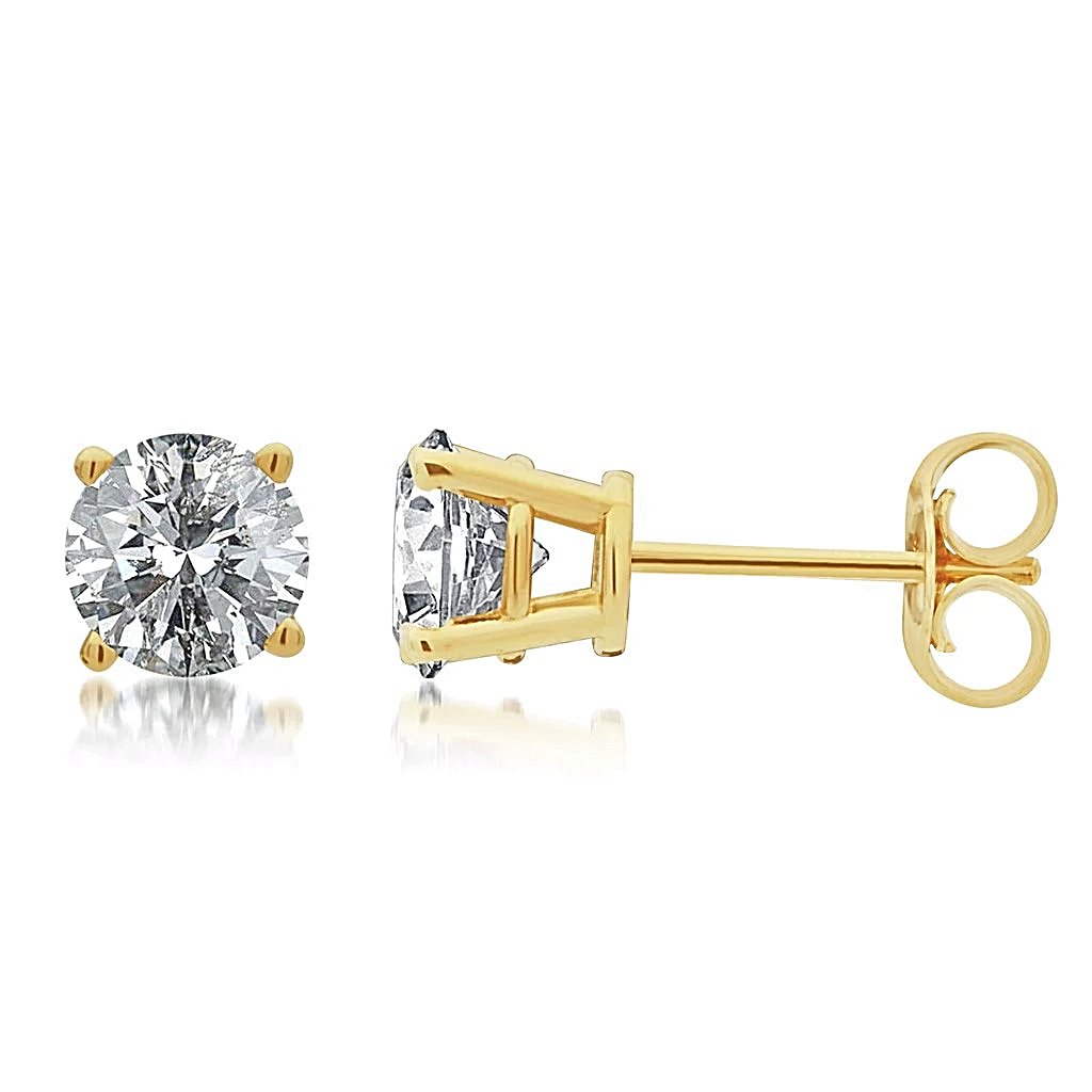 14K Yellow Gold Four Prong Round 2.10 CT (TW) VS2 Color G Diamond Stud Earrings.
