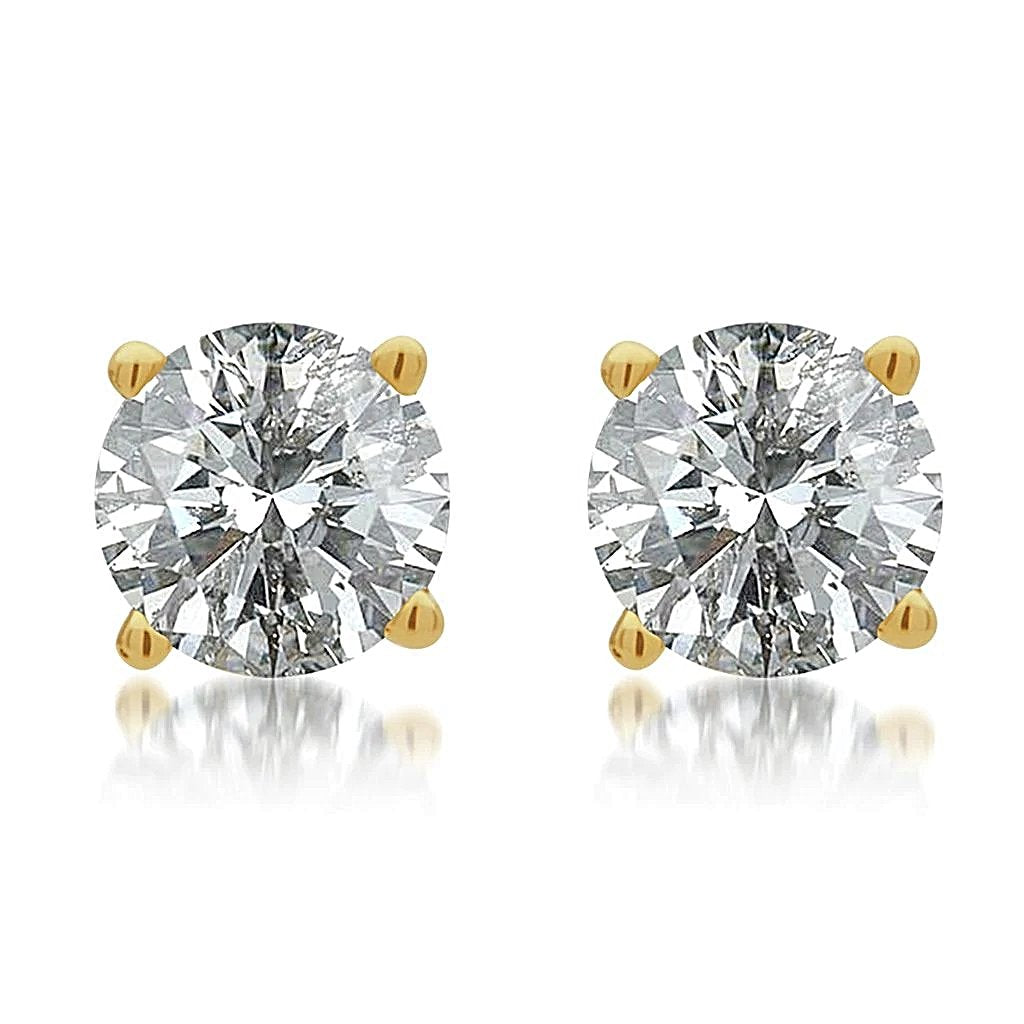 14K Yellow Gold Four Prong Round 2.10 CT (TW) VS2 Color G Diamond Stud Earrings.