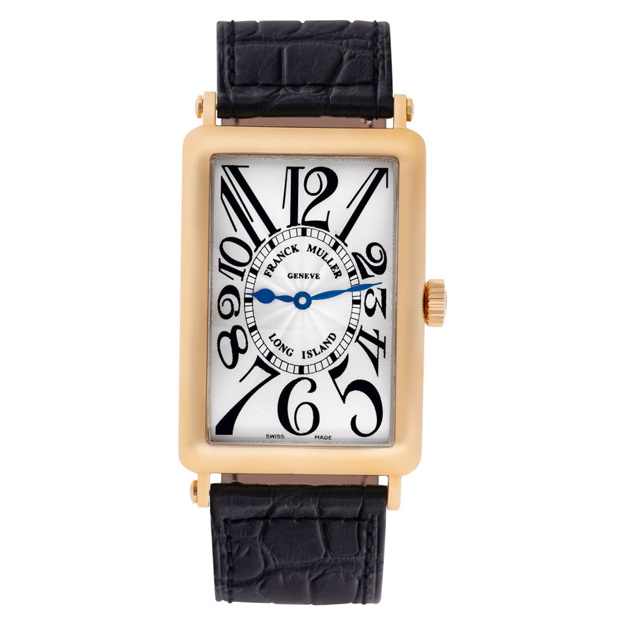 Men's Franck Muller 43mm Long Island 18K Yellow Gold Watch with Black Leather Band and Silver Dial. (Pre-Owned 1000 SC)