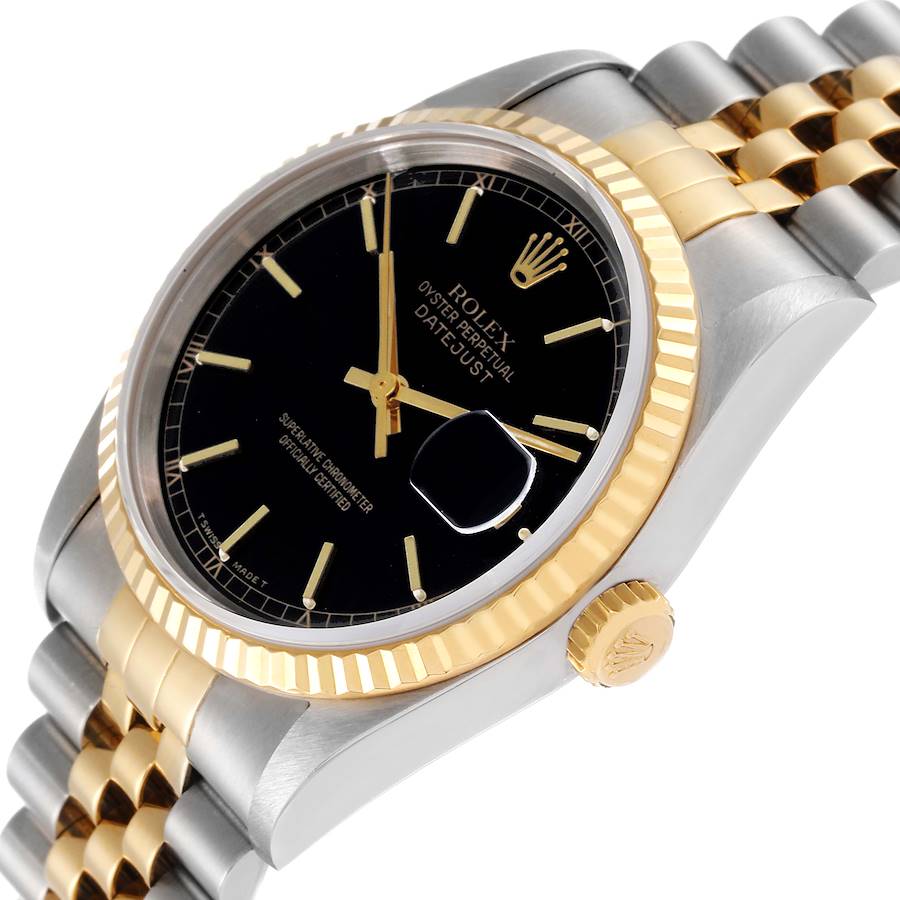 Men's Rolex 36mm DateJust Two Tone 18K Gold / Stainless Steel Watch with Black Dial and Fluted Bezel. (Pre-Owned 16233)