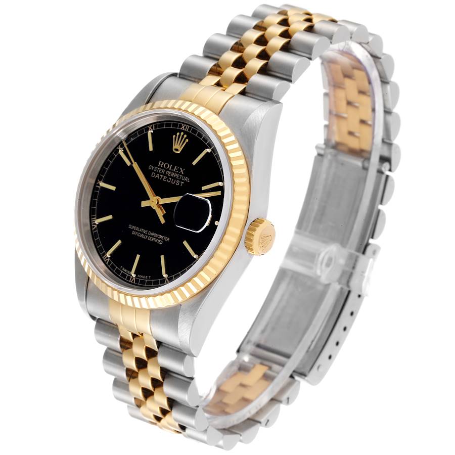 2000 Men's Rolex 36mm DateJust Two Tone 18K Gold / Stainless Steel Watch with Black Dial and Fluted Bezel. (Pre-Owned 16233)