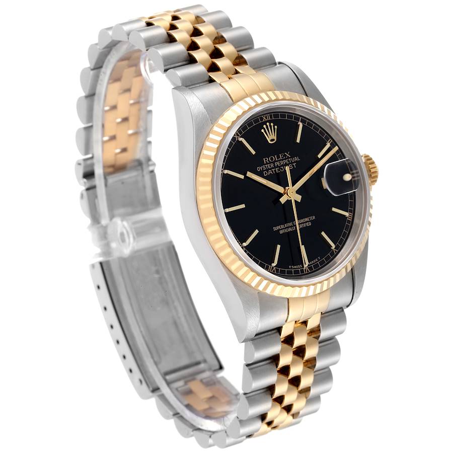 2000 Men's Rolex 36mm DateJust Two Tone 18K Gold / Stainless Steel Watch with Black Dial and Fluted Bezel. (Pre-Owned 16233)