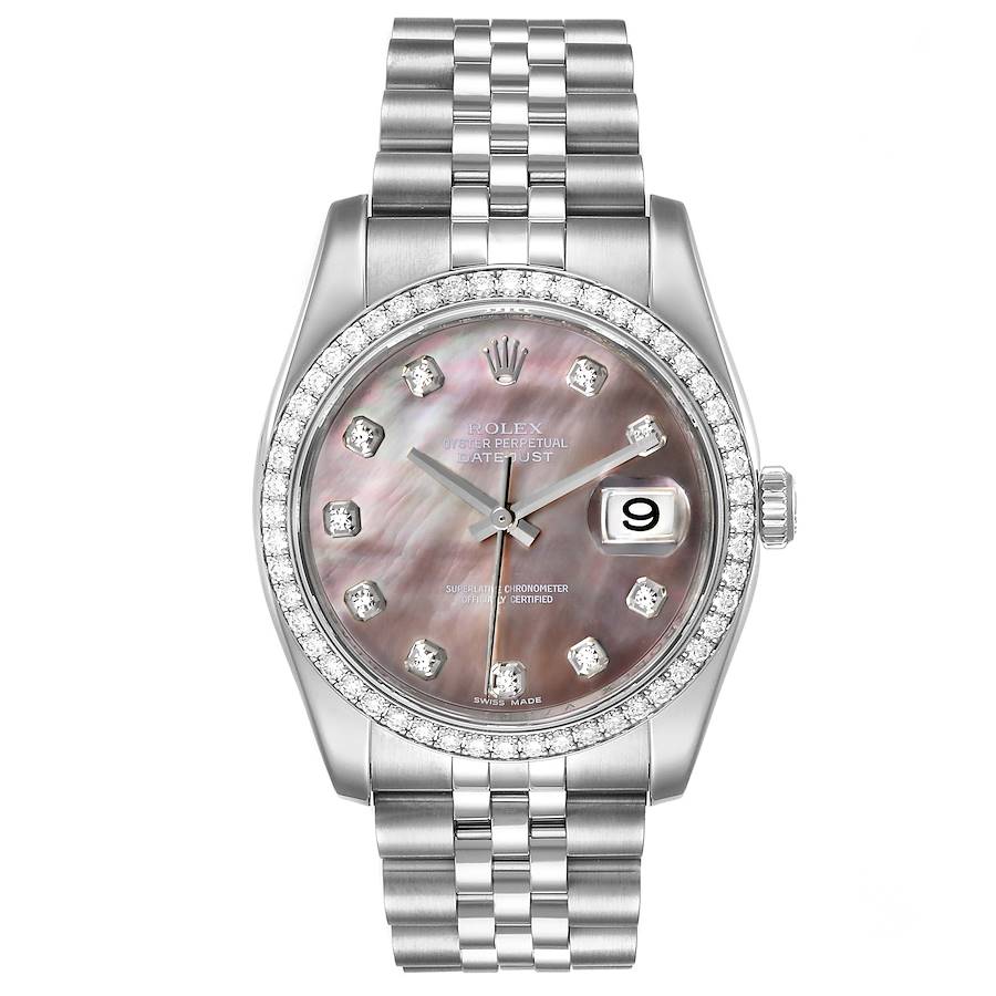 Men's Rolex 36mm DateJust Stainless Steel Watch with Mother of Peal Diamond Dial and Diamond Bezel. (Pre-Owned 116244)