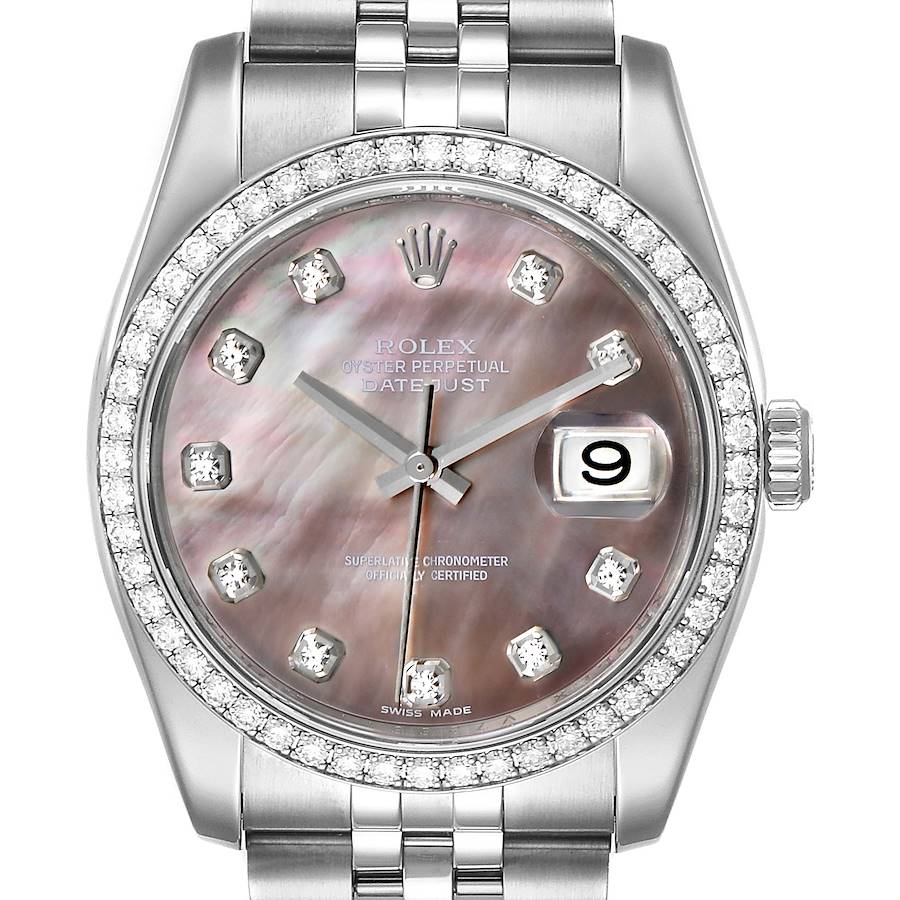Men's Rolex 36mm DateJust Stainless Steel Watch with Mother of Peal Diamond Dial and Diamond Bezel. (Pre-Owned 116244)