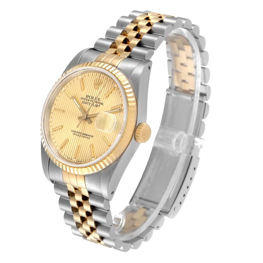 Men's Rolex 36mm DateJust Two Tone 18K Gold / Stainless Steel Watch with Tapestry Dial and Fluted Bezel. (Pre-Owned 16233)