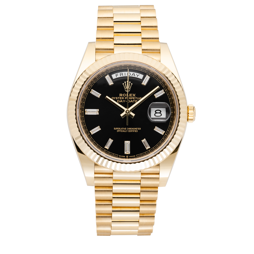 Men's Rolex Presidential II - 40mm Solid 18K Yellow Gold Watch with Black Diamond Dial and Fluted Bezel. (NEW 228238)