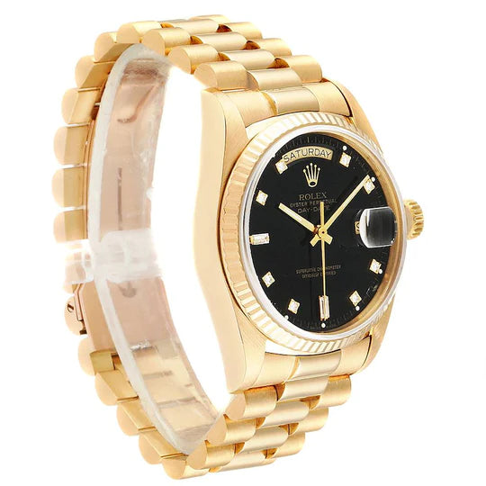 Men's Rolex 36mm Presidential 18K Yellow Gold Watch with Black Diamond Dial and Fluted Bezel. (Pre-Owned 18038)