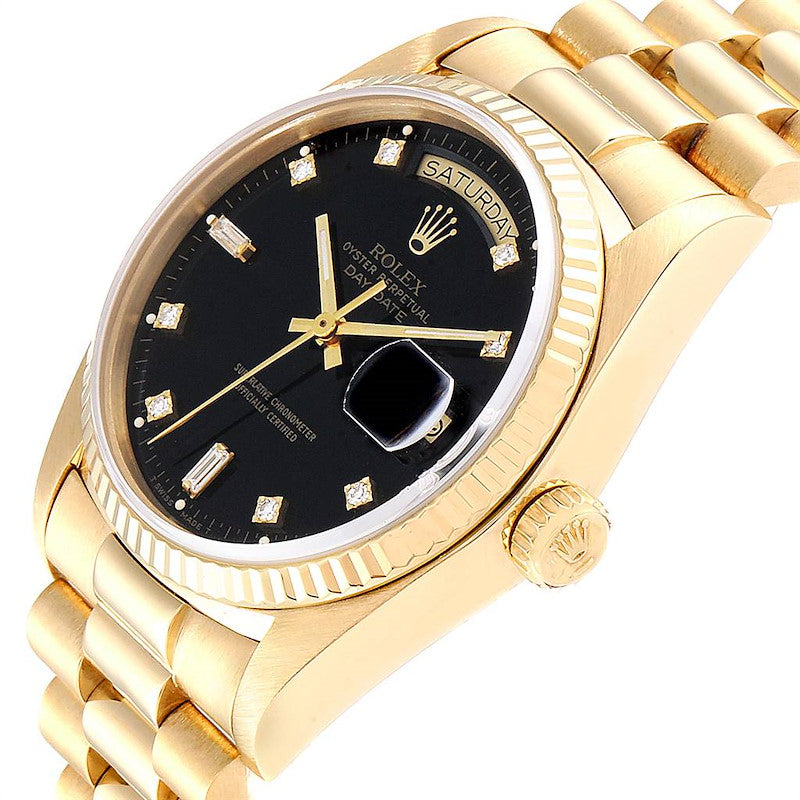 Men's Rolex 36mm Presidential 18K Yellow Gold Watch with Black Diamond Dial and Fluted Bezel. (Pre-Owned 18038)