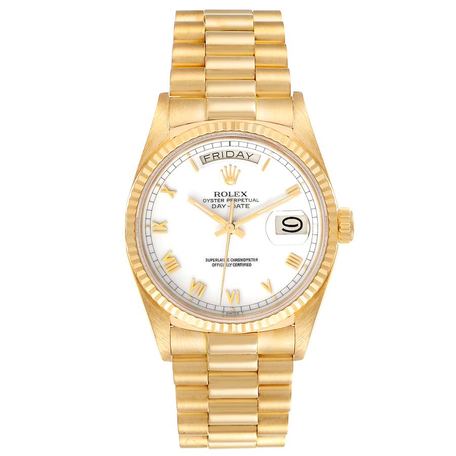 Men's Rolex 36mm Presidential Day-Date 18k Yellow Gold Watch with White Dial and Fluted Bezel. (Pre-Owned 18038)