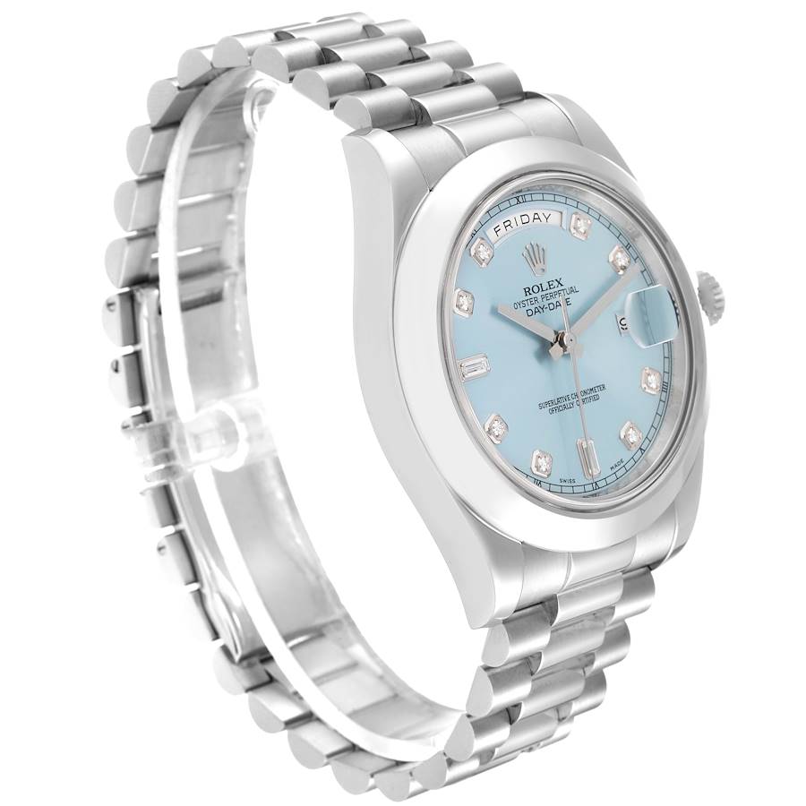 🏷️ PRICE CUT Men's Rolex 36mm Presidential Day-Date Double-Click Platinum Watch with Ice Blue Diamond Dial and Smooth Bezel. (Pre-Owned M118206)