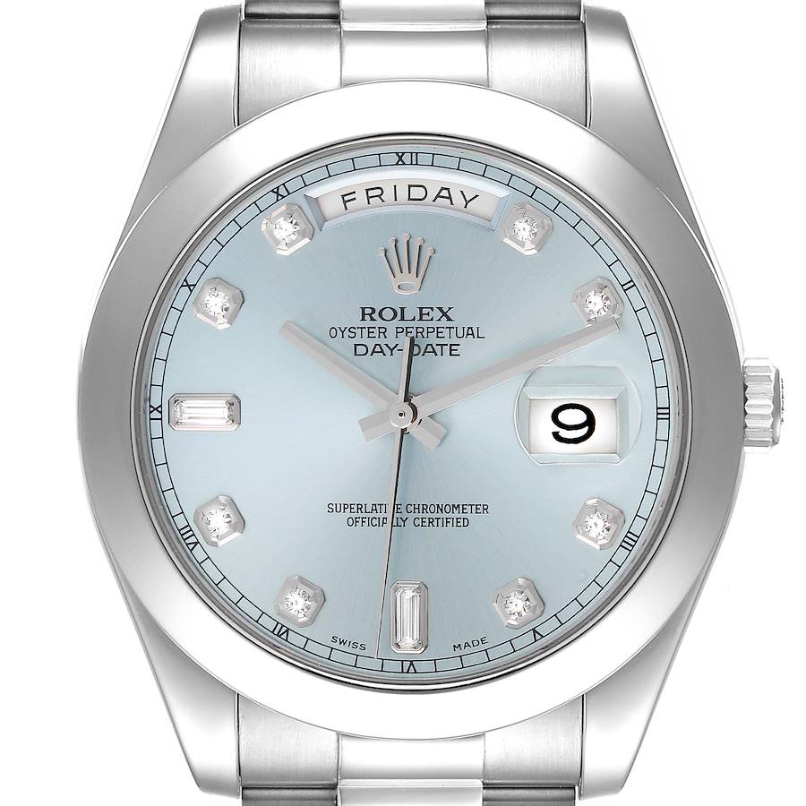 🏷️ PRICE CUT Men's Rolex 36mm Presidential Day-Date Double-Click Platinum Watch with Ice Blue Diamond Dial and Smooth Bezel. (Pre-Owned M118206)