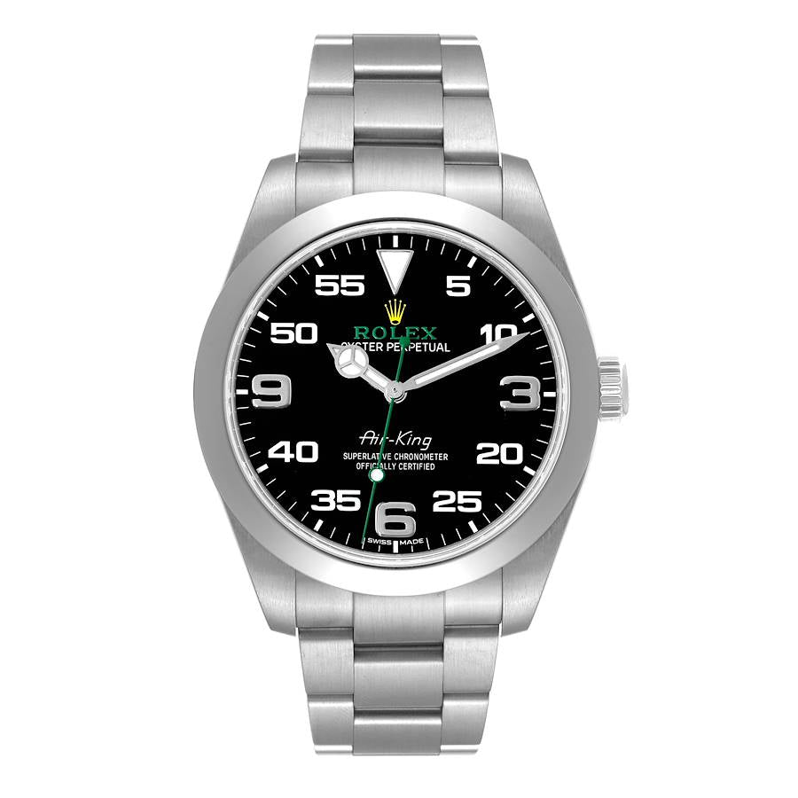 Men's Rolex 40mm Air-King Oyster Perpetual Green Hand Stainless Steel Watch with Black Dial and Smooth Bezel. (Pre-Owned 116900)