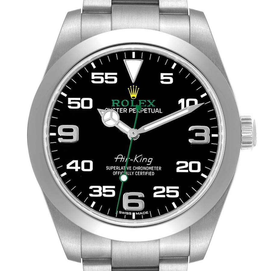 Men's Rolex 40mm Air-King Oyster Perpetual Green Hand Stainless Steel Watch with Black Dial and Smooth Bezel. (Pre-Owned 116900)