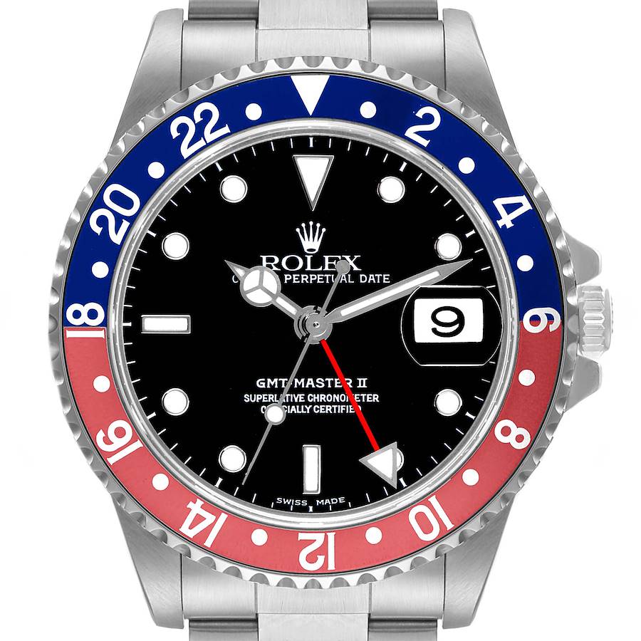 🏷️ PRICE CUT Men's Rolex 40mm GMT Master II Stainless Steel Watch with Black Dial AND Pepsi Bezel. (Pre-Owned 16710)