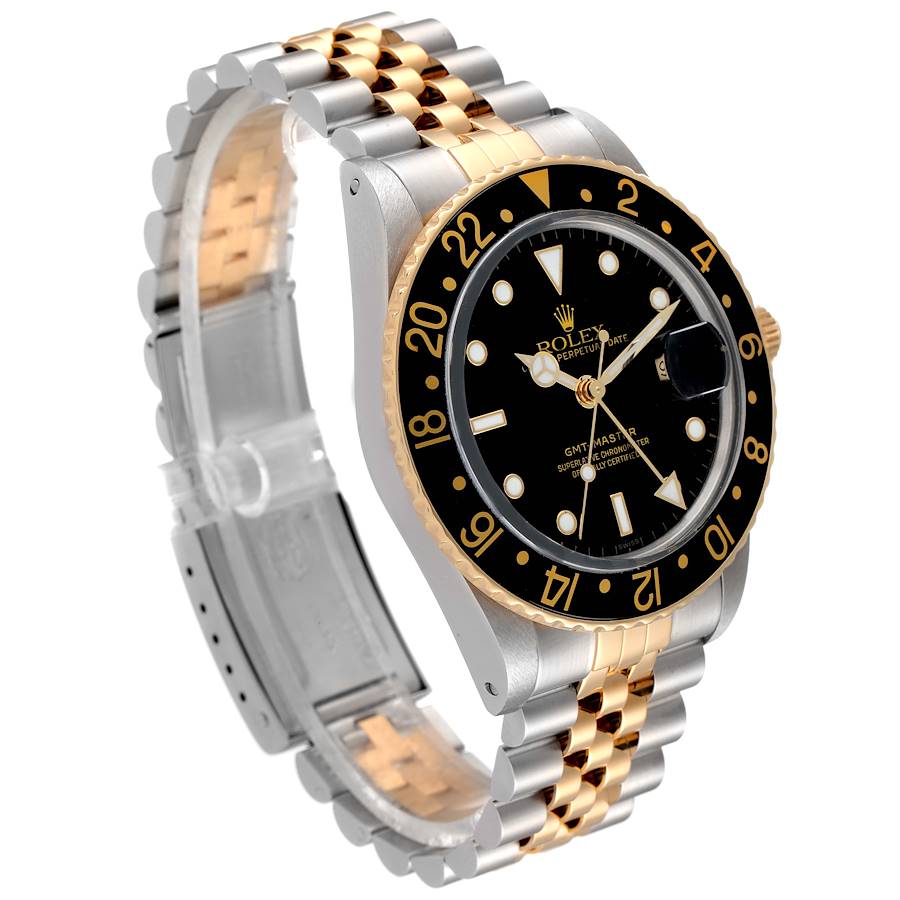 Men's Rolex 40mm GMT Master Two Tone 18K Yellow Gold / Stainless Steel Watch with Black Dial and Fluted Bezel. (Pre-Owned 16753)
