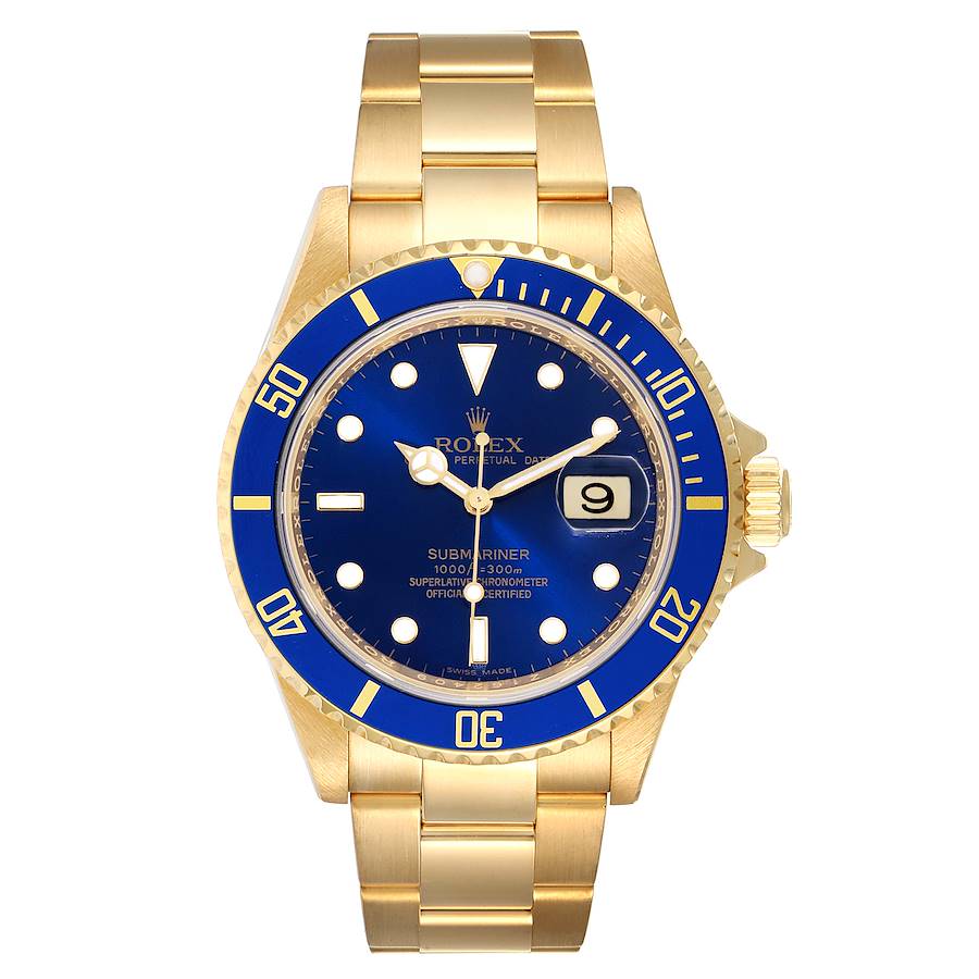 Men's Rolex 40mm Submariner Date Oyster Perpetual 18K Yellow Gold Watch with Blue Dial and Blue Bezel. (Pre-Owned 16618)
