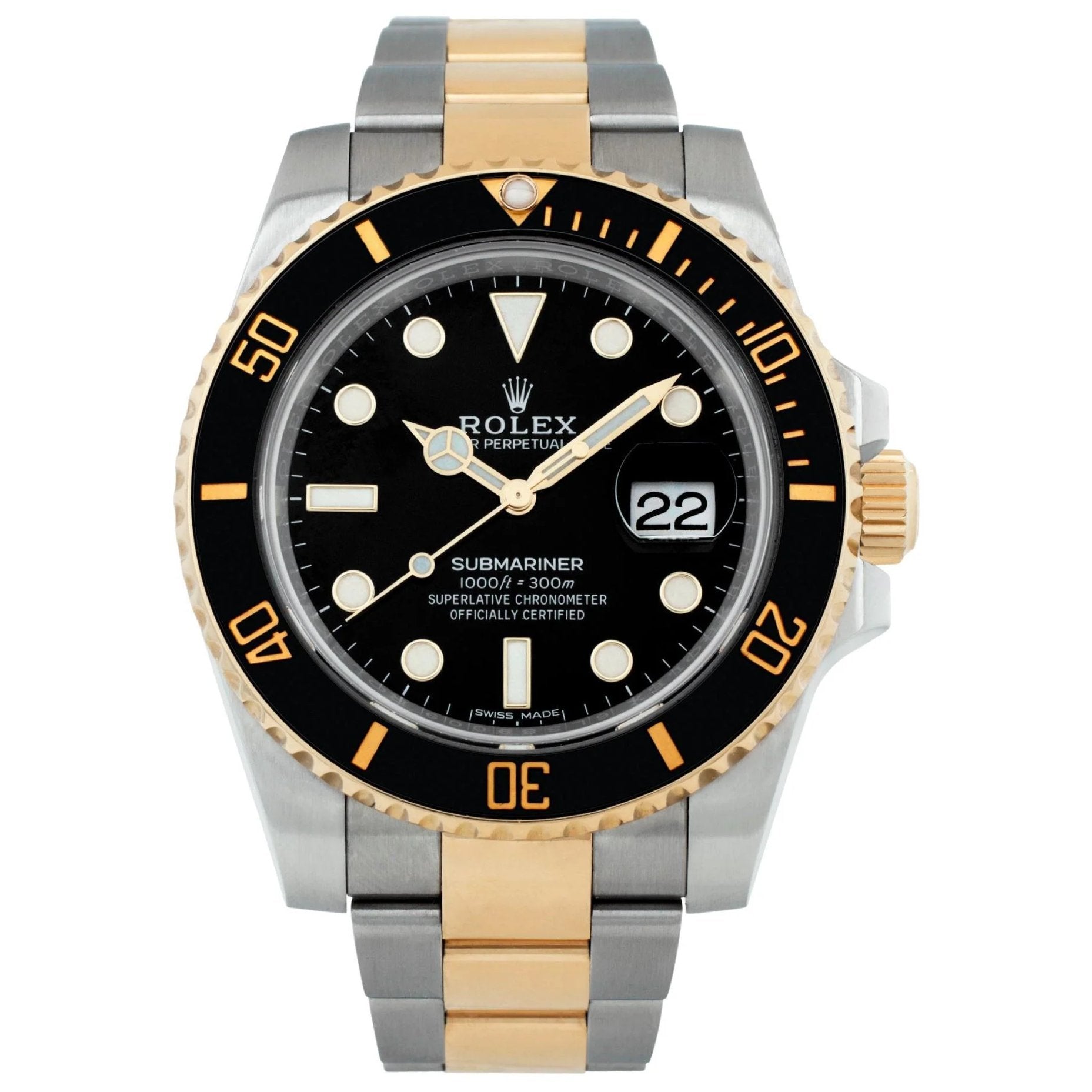 Men's Rolex 40mm Submariner Two Tone 18K Yellow Gold / Stainless Steel Watch with Black Dial and Black Bezel. (Pre-Owned 116613LN)