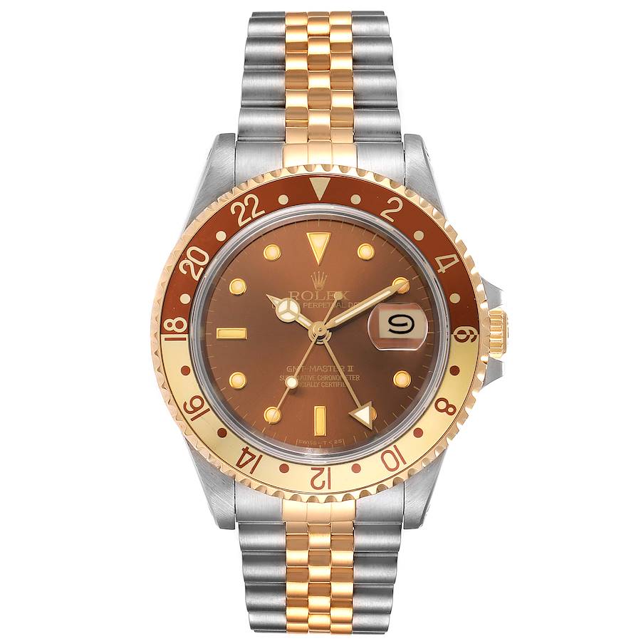 Men's Rolex GMT Master II 40mm Rootbeer 18K Gold / Stainless Steel Two-Tone Watch with Brown Bezel and Brown Dial. (Pre-Owned 16713)