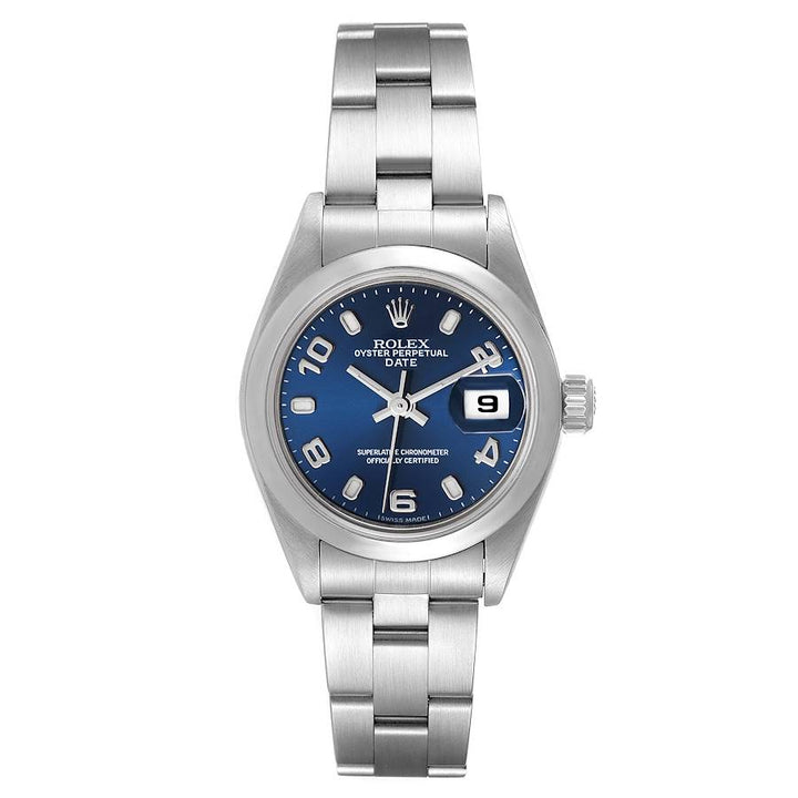 *Ladies Rolex 26mm DateJust Stainless Steel Watch with Midnight Blue Dial and Smooth Bezel. (Pre-Owned Box/Paper 79160)