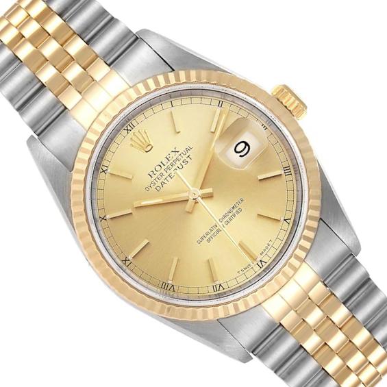 Men's Rolex 36mm DateJust 14K Gold / Stainless Steel Two-Tone Watch with Champaign Dial and Fluted Bezel. (Pre-Owned 16233)