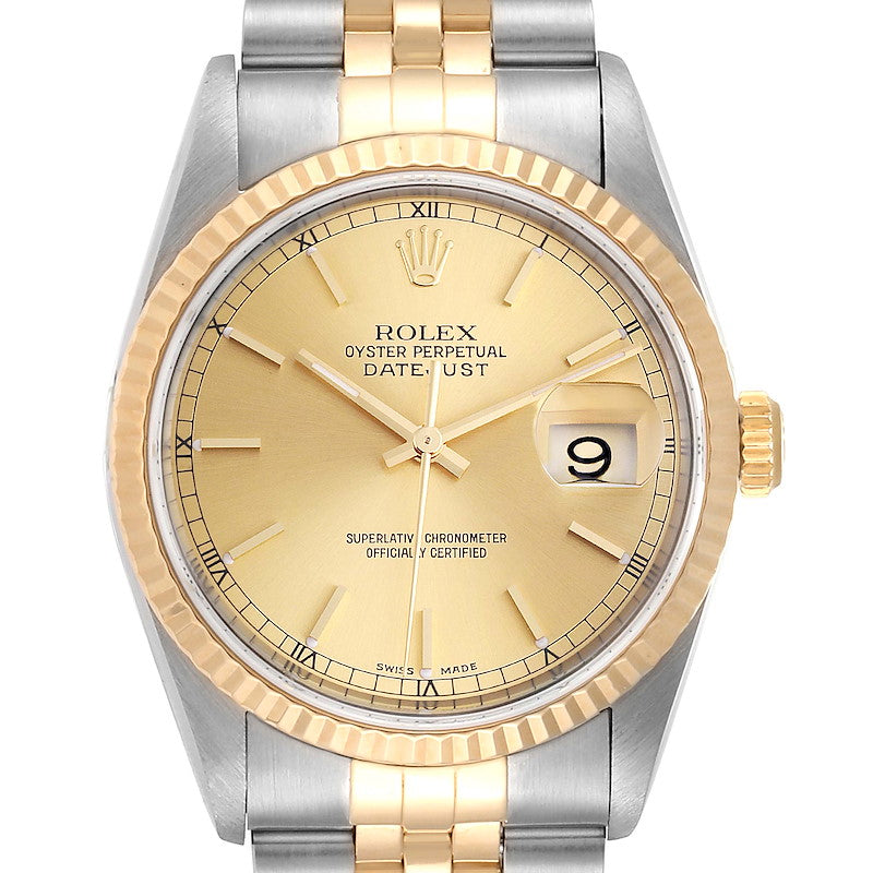*Men's Rolex 36mm DateJust 18K Gold / Stainless Steel Two Tone Watch with Fluted Bezel and Champagne Dial. (UNWORN 16233)