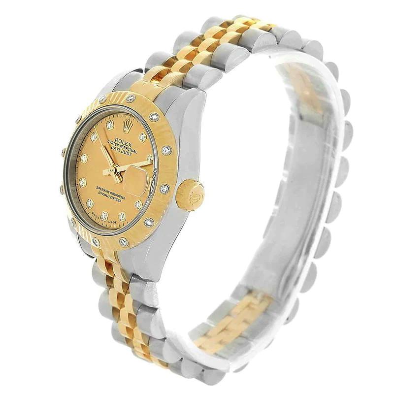 Ladies Rolex 26mm DateJust 18K Yellow Gold / Stainless Steel Two Tone Watch with Gold Diamond Dial and Diamond Fluted Bezel. (Pre-Owned 179313)