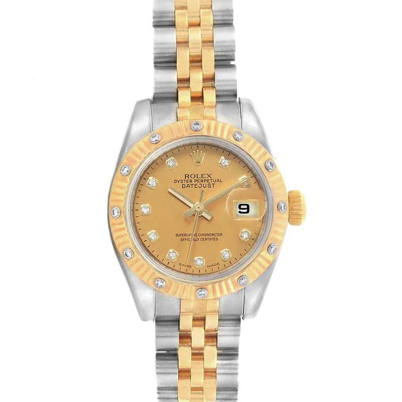 Ladies Rolex 26mm DateJust 18K Yellow Gold / Stainless Steel Two Tone Watch with Gold Diamond Dial and Diamond Fluted Bezel. (Pre-Owned 179313)