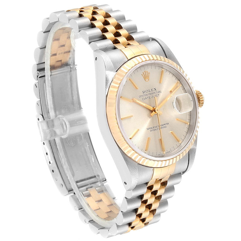 Men's Rolex 36mm DateJust 18k Gold / Stainless Steel Two Tone Watch with Silver Dial and Fluted Bezel. (Pre-Owned 16233)