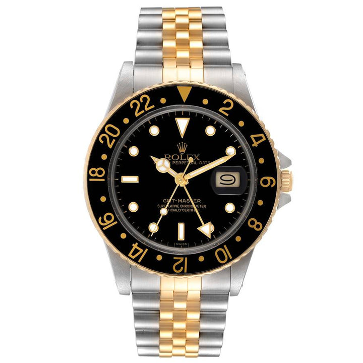 *1985 Men's Rolex 40mm GMT Vintage Master 18K Gold / Stainless Steel Two Tone Watch with Black Bezel and Black Dial. (Pre-Owned Box/Paper 16753)