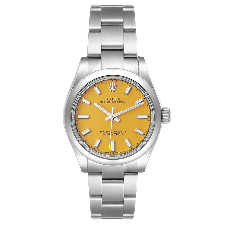 Unisex Midsize Rolex 31mm DateJust Stainless Steel Watch with Yellow Dial and Smooth Bezel. (Pre-Owned 277200)