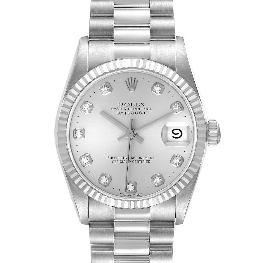 Ladies Midsize Rolex DateJust 31mm Stainless Steel Watch with Silver Diamond Dial and Fluted Bezel. (Pre-Owned 68279)