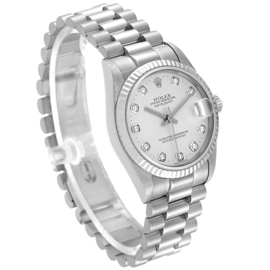 Ladies Midsize Rolex DateJust 31mm Stainless Steel Watch with Silver Diamond Dial and Fluted Bezel. (Pre-Owned 68279)