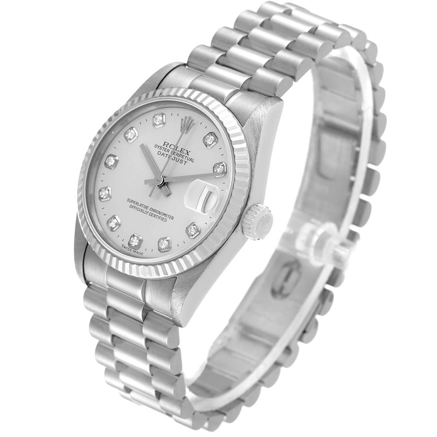 Ladies Rolex 31mm Midsize DateJust Presidential 18K White Gold Watch with Silver Diamond Dial and Fluted Bezel. (Pre-Owned 68279)