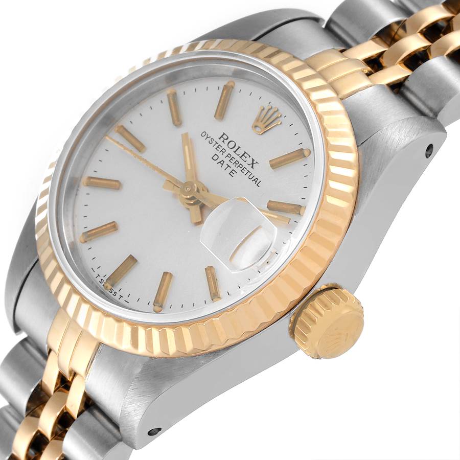 Ladies Rolex 26mm Date 14K Gold Yellow / Stainless Steel Two Tone Watch with Silver Dial and Fluted Bezel. (Pre-Owned)