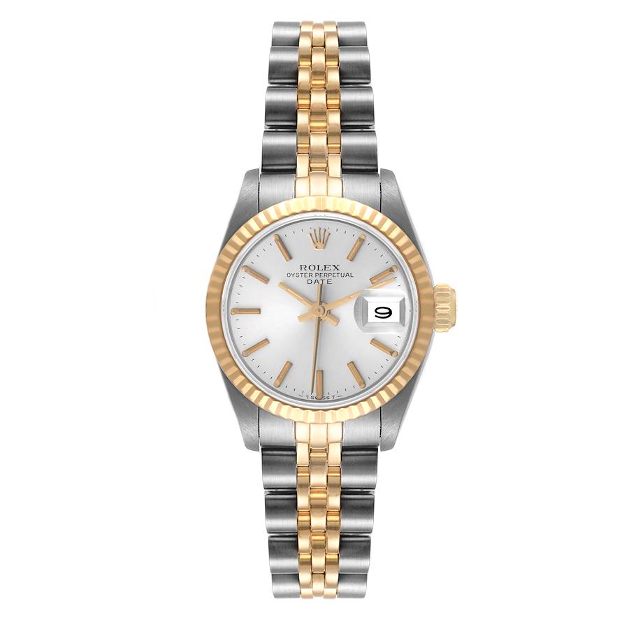 Ladies Rolex 26mm Date 14K Gold Yellow / Stainless Steel Two Tone Watch with Silver Dial and Fluted Bezel. (Pre-Owned)