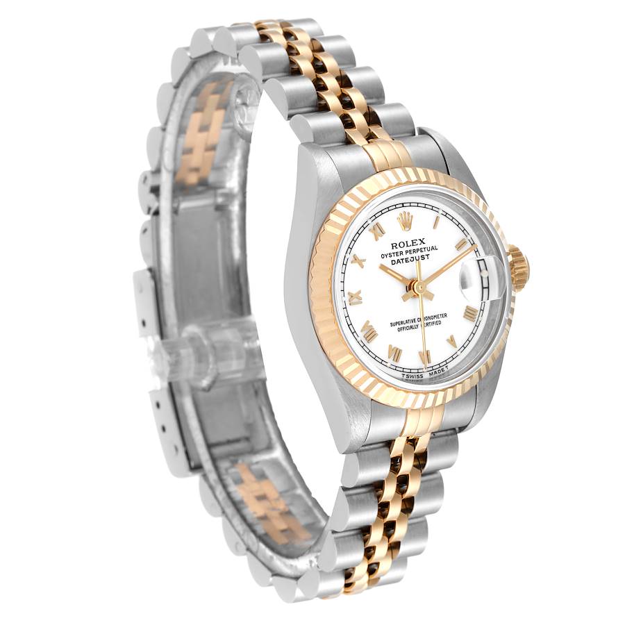 Ladies Rolex 26mm DateJust 18K Yellow Gold / Stainless Steel Two Tone Watch with Roman Numerals White Dial and Fluted Bezel. (Pre-Owned 69173)