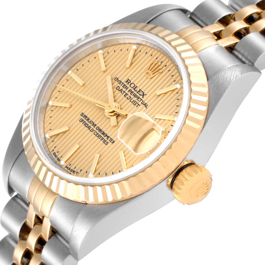 Ladies Rolex 26mm DateJust Two Tone 18K Yellow Gold / Stainless Steel Watch with Gold Tapestry Dial and Fluted Bezel. (Pre-Owned 79173)