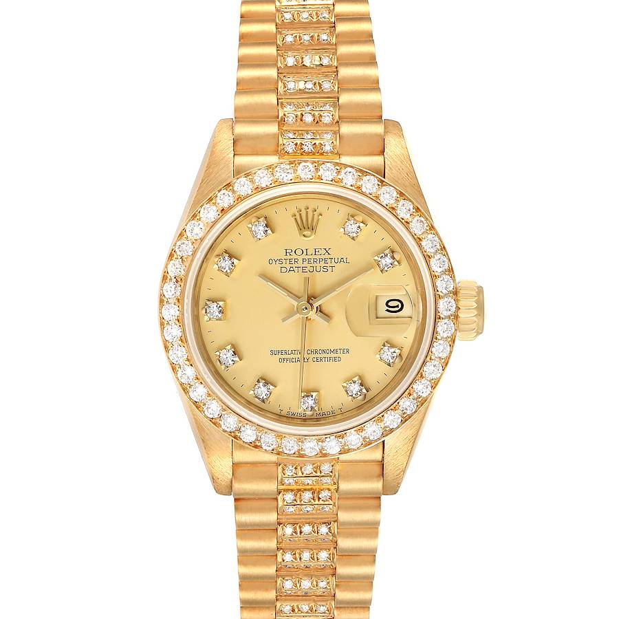 Ladies Rolex 26mm Presidential 18K Yellow Gold Watch with Champagne Diamond Dial, Diamond on Bracelet and Diamond Bezel. (Pre-Owned)