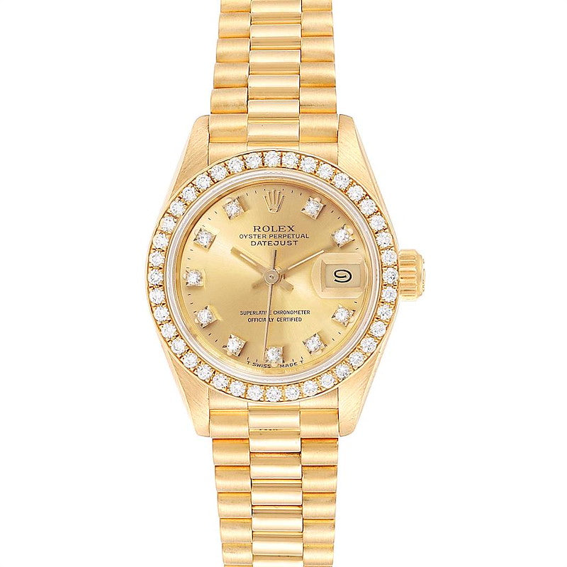 Ladies Rolex 26mm Presidential 18K Yellow Gold Watch with Gold Diamond Dial and Diamond Bezel. (Pre-Owned 69178)