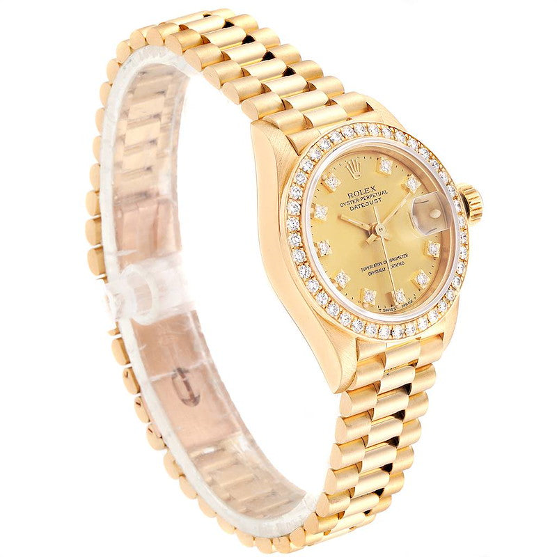 Ladies Rolex 26mm Presidential 18K Yellow Gold Watch with Gold Diamond Dial and Diamond Bezel. (Pre-Owned 69178)