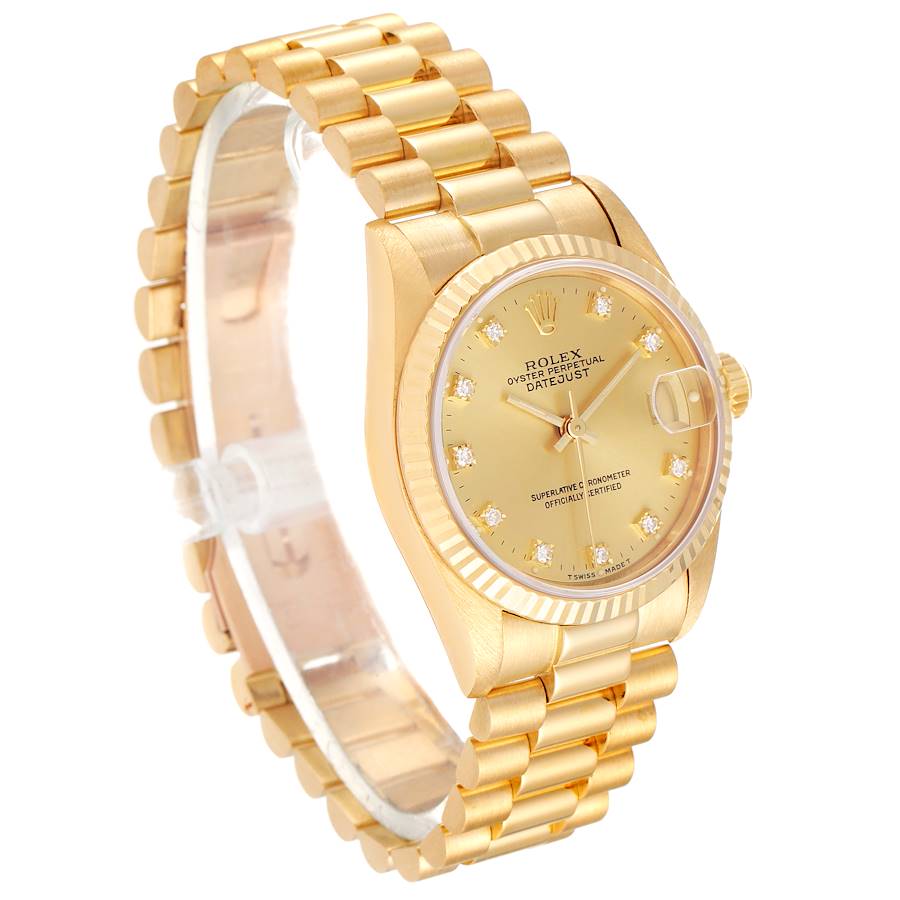 Ladies Rolex 31mm Vintage Midsize Presidential 18K Solid Yellow Gold Watch with Champagne Diamond Dial and Fluted Bezel. (Pre-Owned 68278)