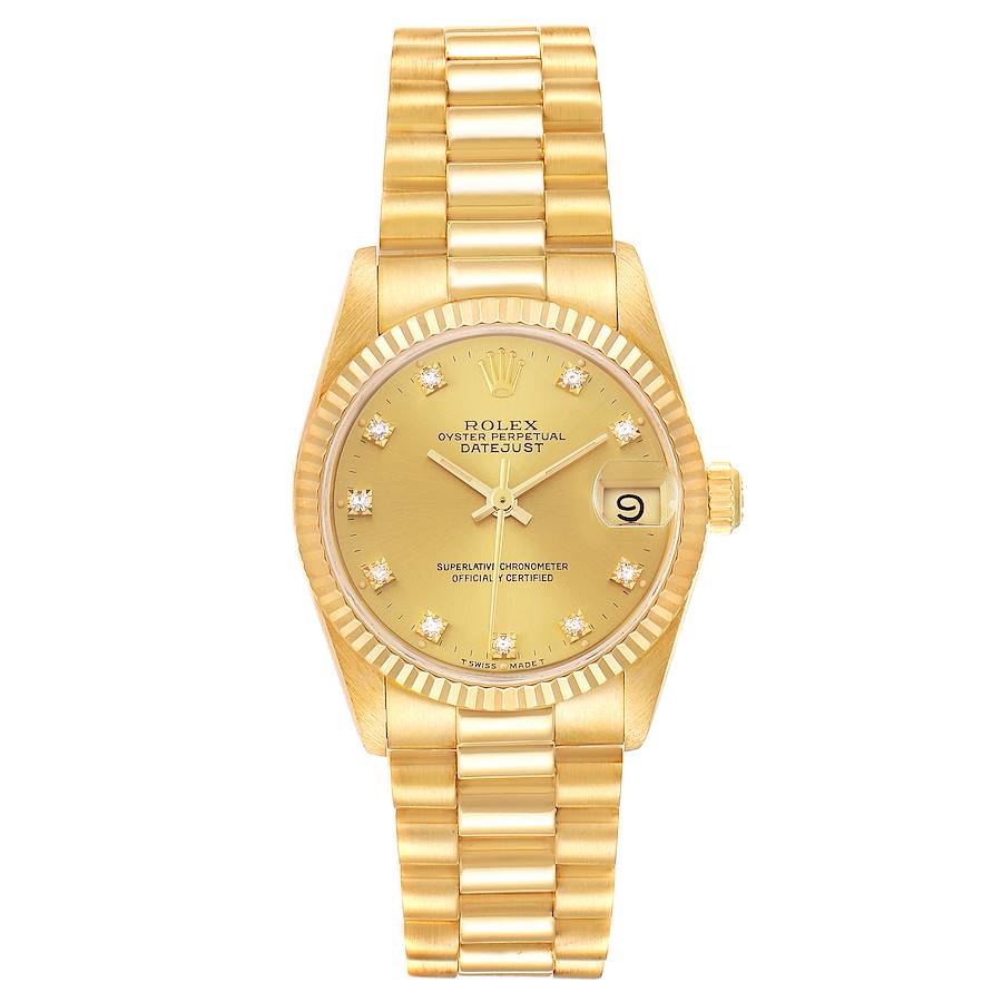 Ladies Rolex 31mm Vintage Midsize Presidential 18K Solid Yellow Gold Watch with Champagne Diamond Dial and Fluted Bezel. (Pre-Owned 68278)