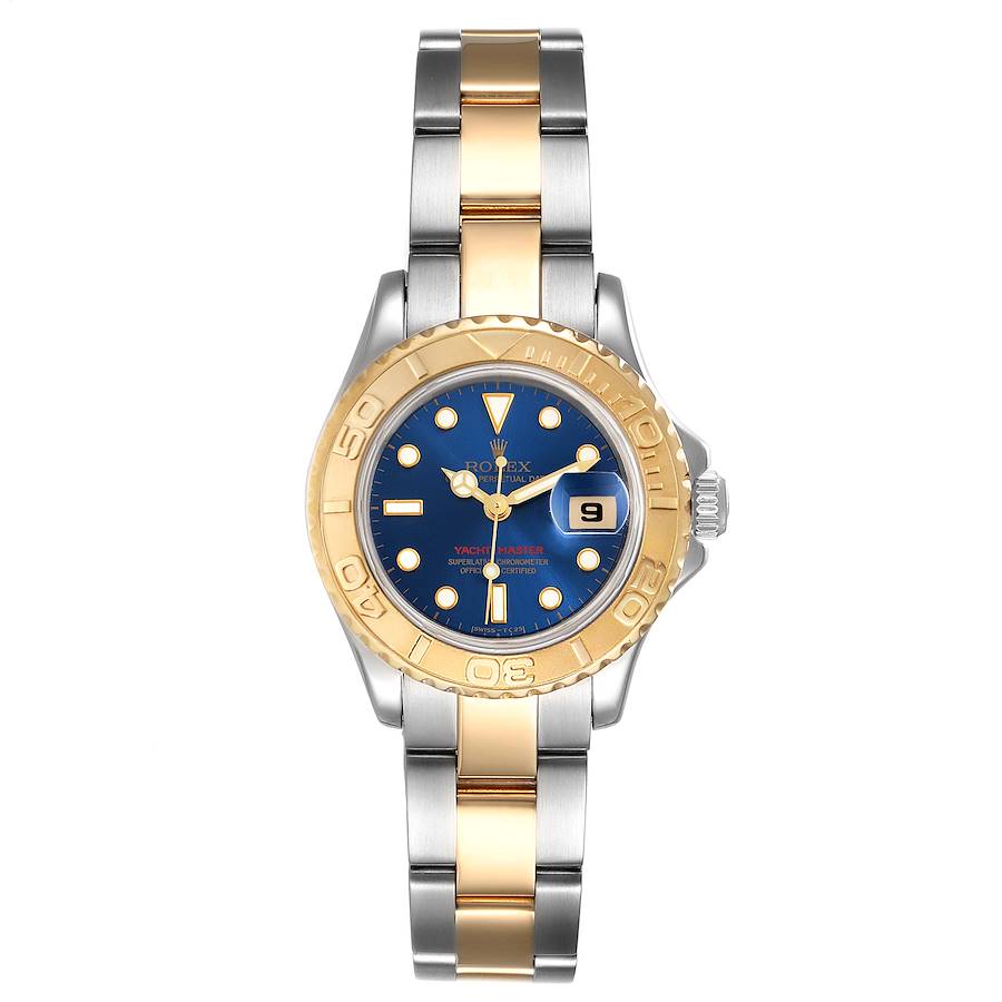 Women's Rolex 35mm Two-Tone 18K Solid Yellow Gold Yachtmaster Watch with Blue Dial and Rotatable Bezel. (Pre-Owned 68623)