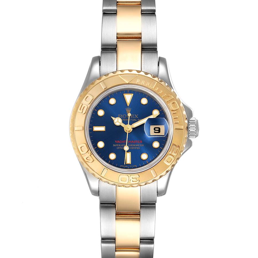 Ladies Rolex 35mm Two Tone 18K Solid Yellow Gold Yachtmaster Watch with Blue Dial and Rotatable Bezel. (Pre-Owned 68623)