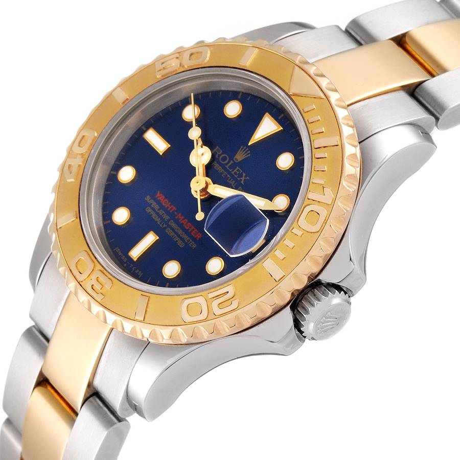 Ladies Rolex 35mm Two Tone 18K Solid Yellow Gold Yachtmaster Watch with Blue Dial and Rotatable Bezel. (Pre-Owned 68623)